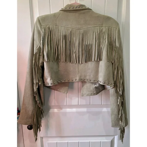Fringe & Studded Cropped Faux Suede Jacket Size Large NWOT Boho Western Cowgirl - Picture 3 of 8